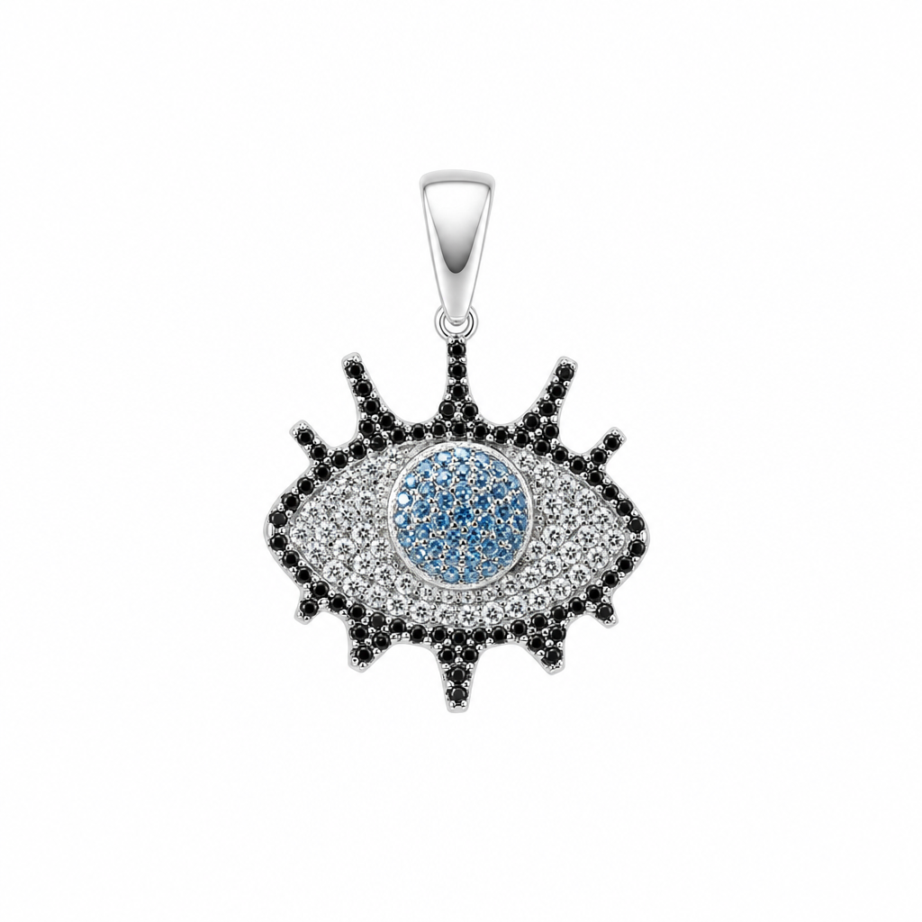 Sterling Silver Eye-Shaped Cubic Zirconia Pavé Unisex Amulet Pendant