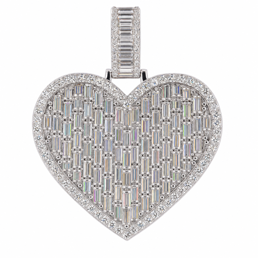 Heart Baguette & Pavé moissanite Pendant in Silver