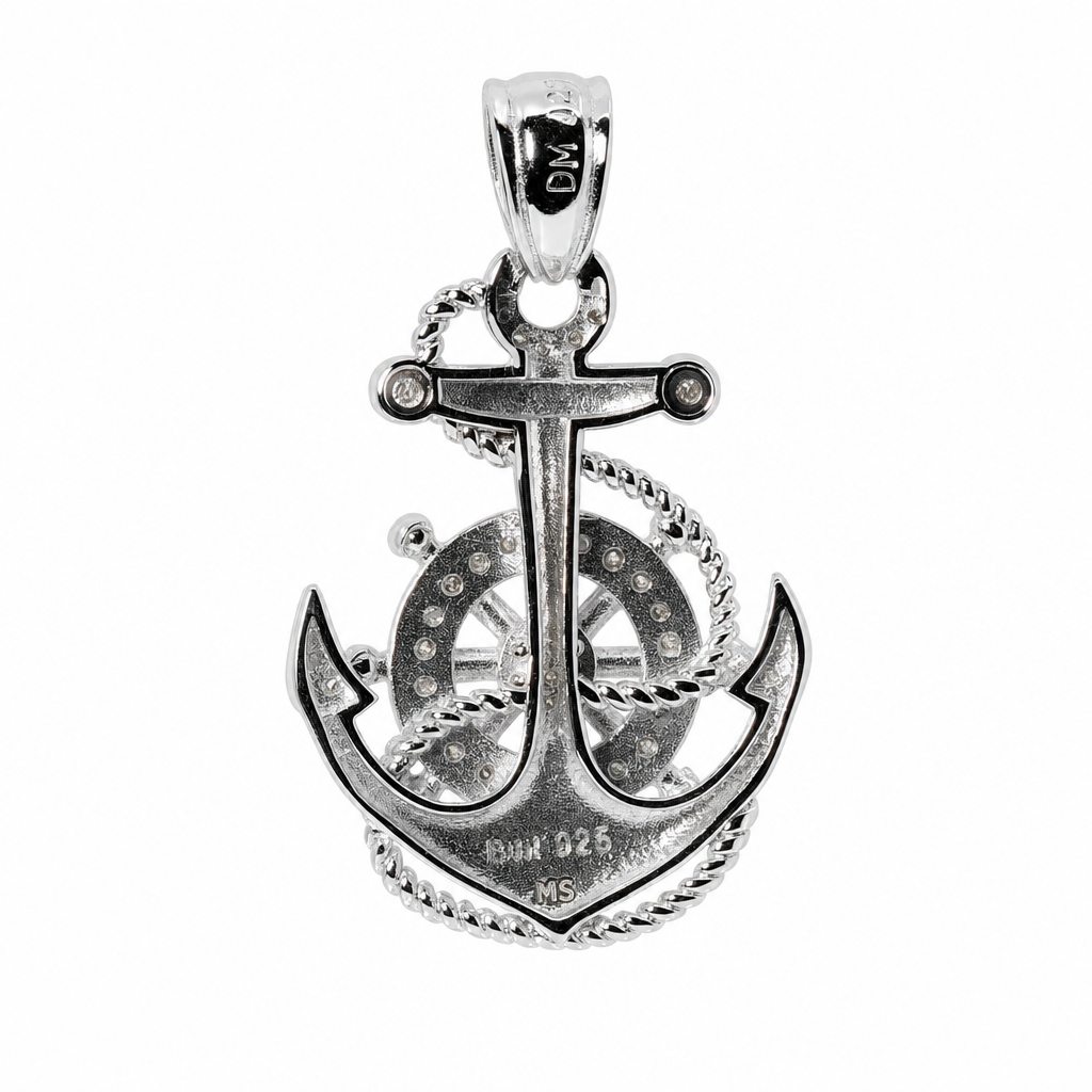 Nautical Anchor and Wheel Moissanite 925 Sterling Silver Pendant (2)