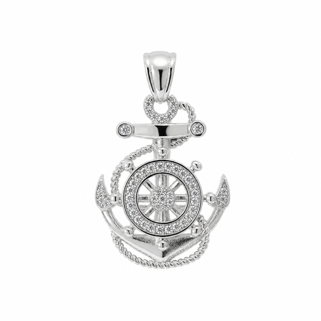 Nautical Anchor and Wheel Moissanite 925 Sterling Silver Pendant