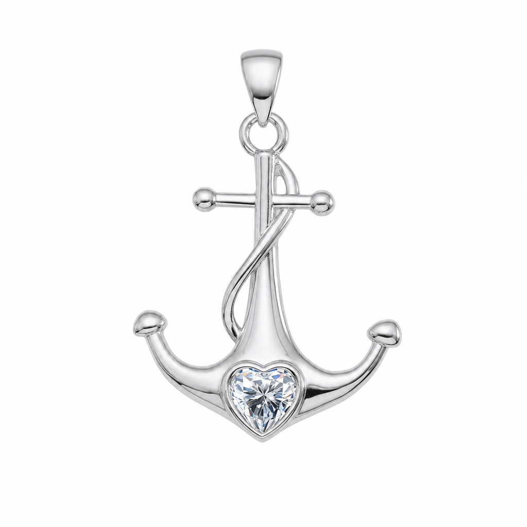 Sterling Silver Anchor Pendant with Heart-Shaped Moissanite 1ct