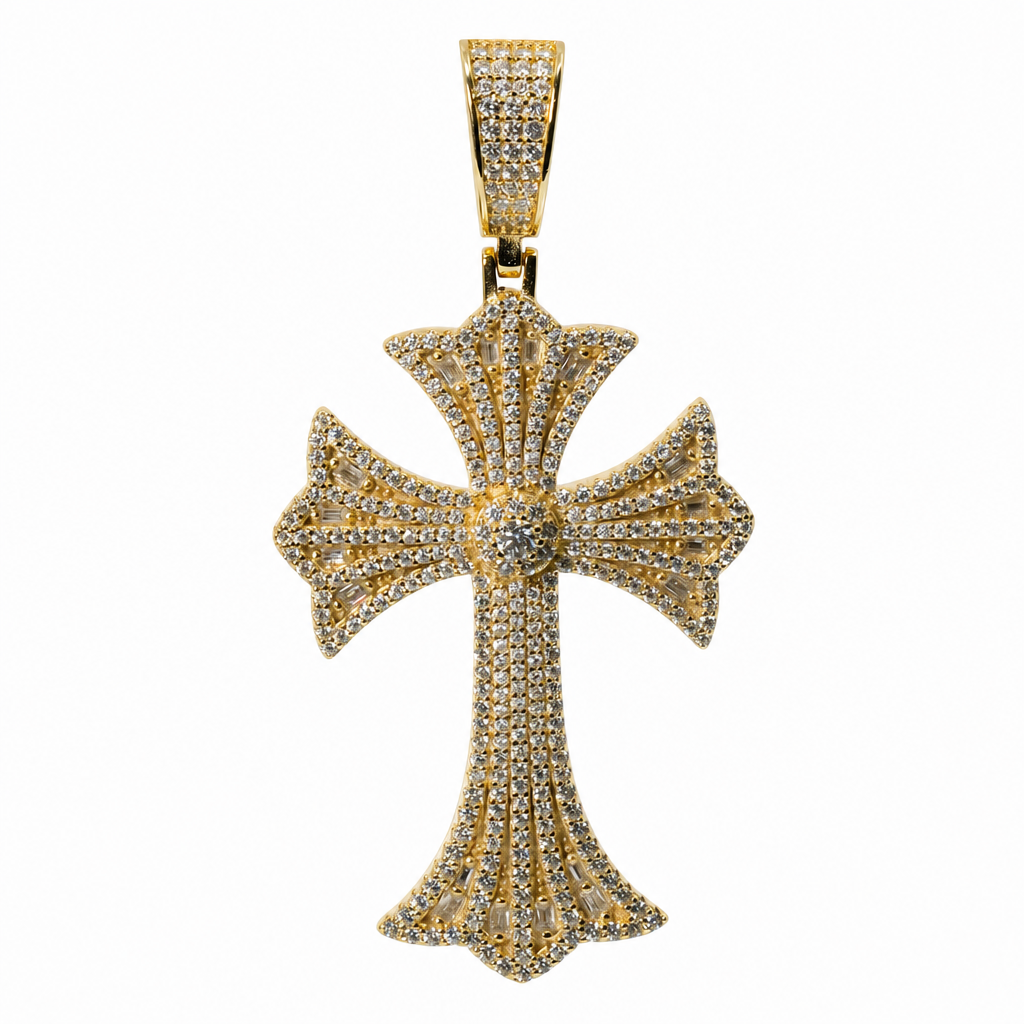 14K Gold Over Silver Moissanite Pave and Baguette Cross Pendant 10ct