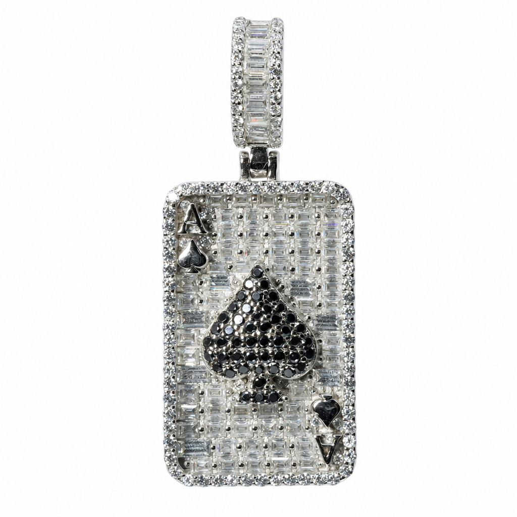 925 Sterling Silver Moissanite Pave Ace of Spades Card Pendant