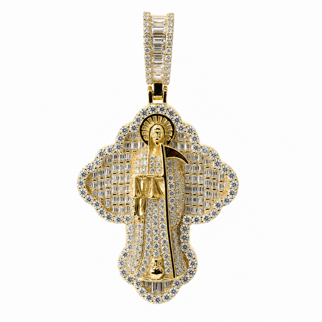 14K Gold Over Silver Pave Moissanite Religious Figure Cross Pendant 4.00ct