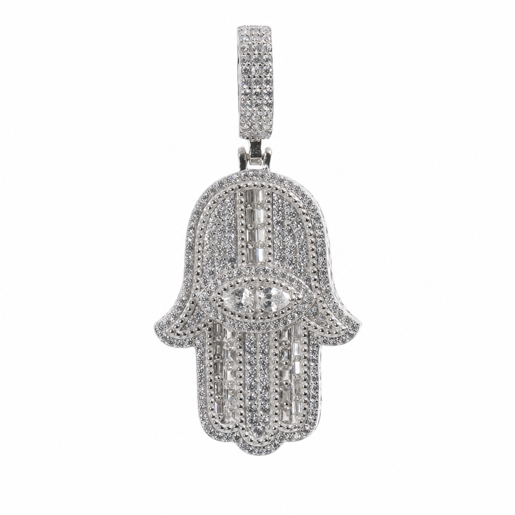 925 Sterling Silver Hamsa Hand Pendant with Cubic Zirconia and Pave Eye Detail