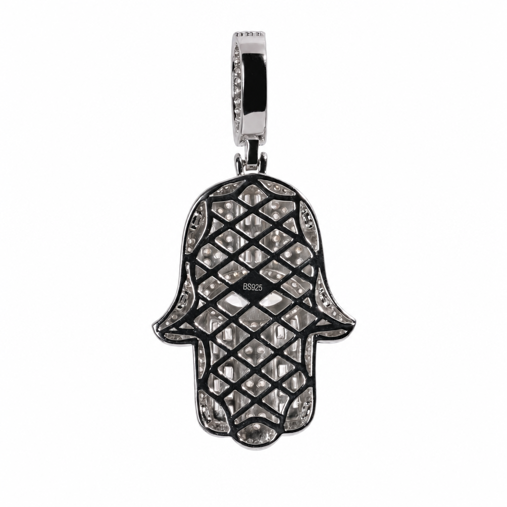925 Sterling Silver Hamsa Hand Pendant with Cubic Zirconia and Pave Eye Detail (2)