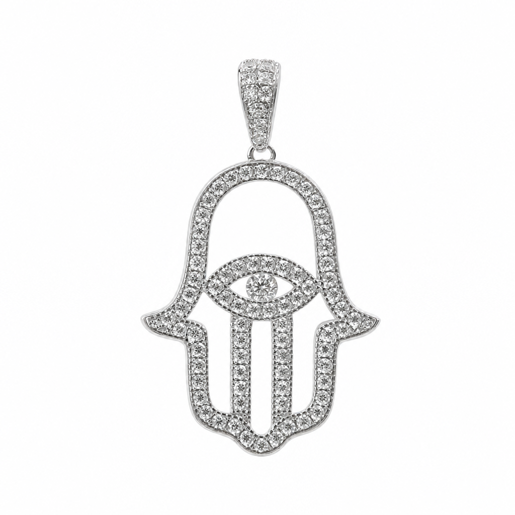 925 Sterling Silver Moissanite Hamsa Hand Evil Eye Pendant 1.0ct