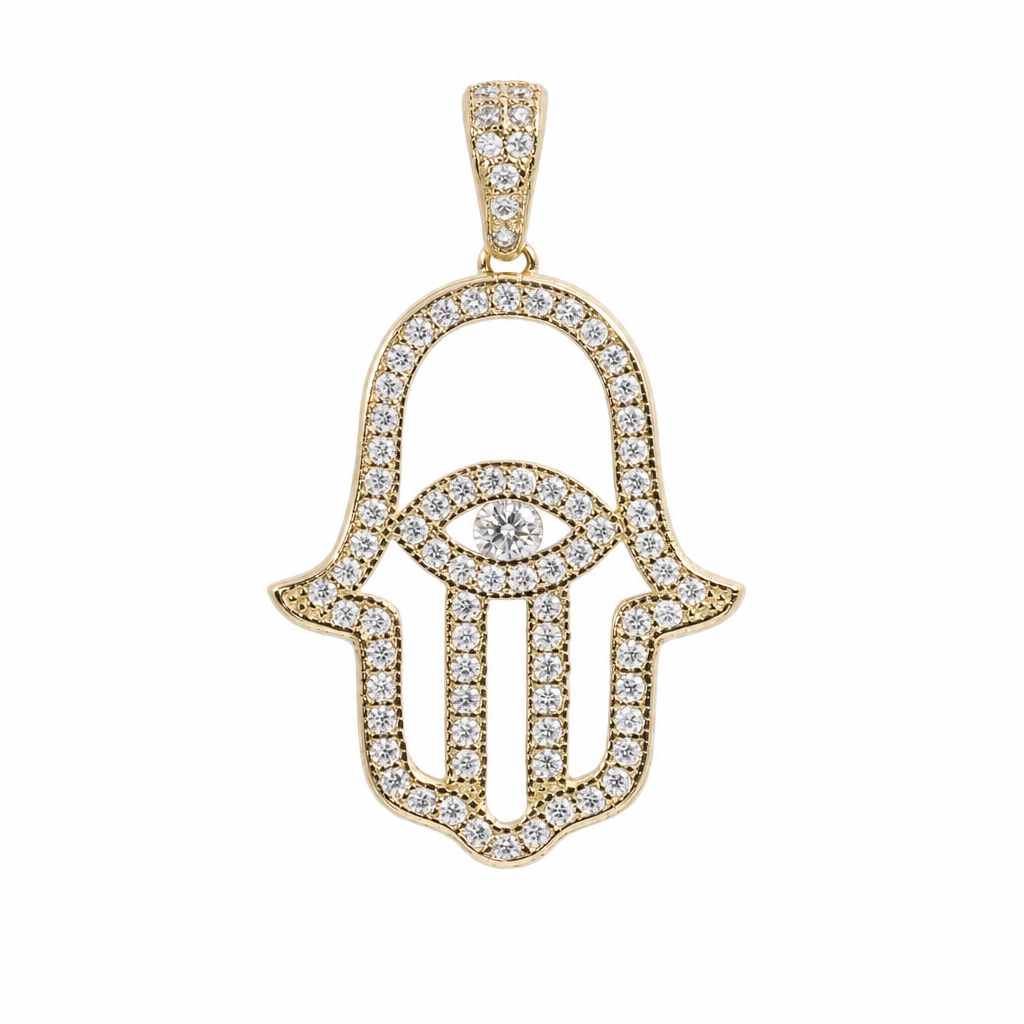 Hamsa Hand Eye Moissanite Pendant in 14K Gold Over Silver, 1 Carat