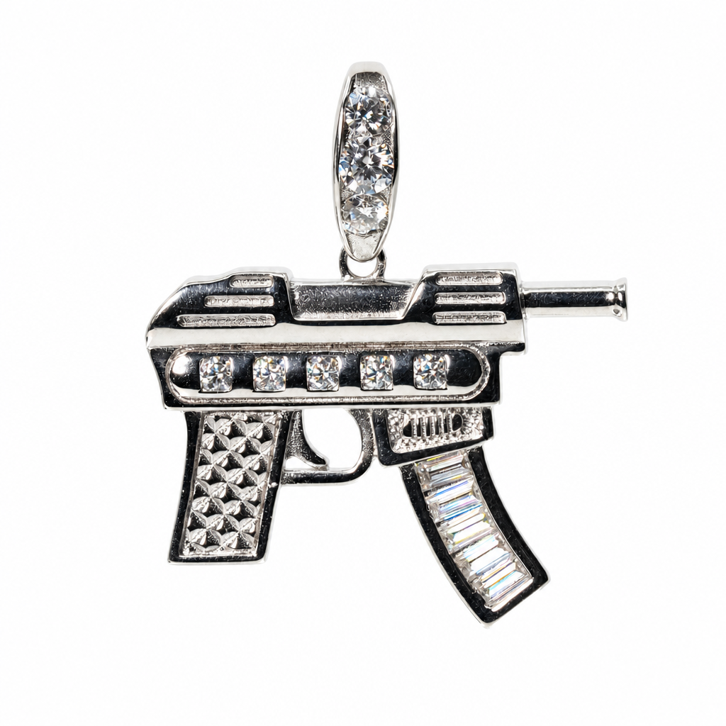 Iced Out Uzi Gun 925 Silver Pendant with 3ct Moissanite Accents