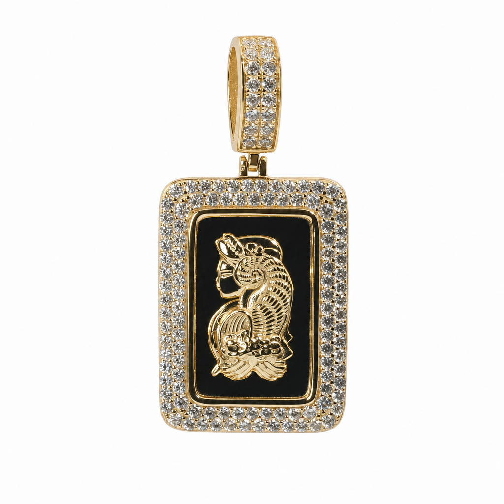 Rectangular 14K Gold Over Silver Moissanite Pavé Pendant with Fortuna Motif 4.5ct