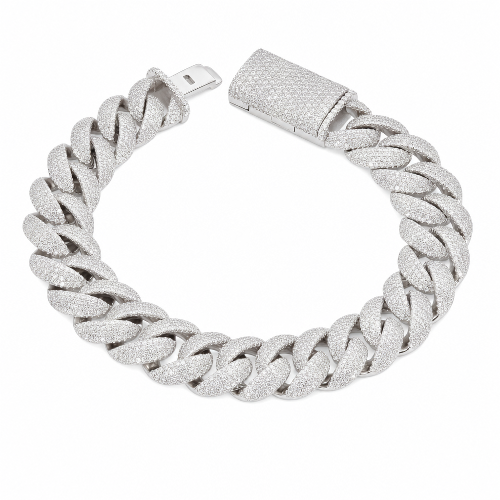 14mm 925 Sterling Silver Moissanite Pave Cuban Link Bracelet 12.34ct 8.5in 78.58g