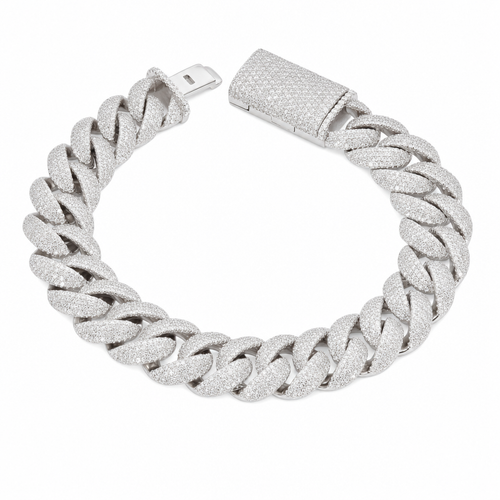 14mm 925 Sterling Silver Moissanite Pave Cuban Link Bracelet 12.34ct 8.5in 78.58g