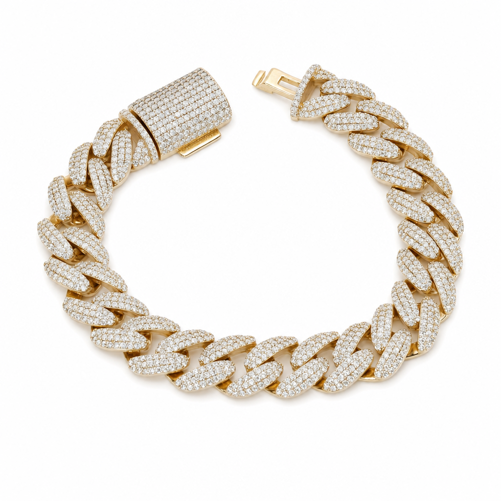 14mm Iced Moissanite Miami Cuban Link Bracelet in 18K Gold Vermeil Silver, 8.5in, 16ct