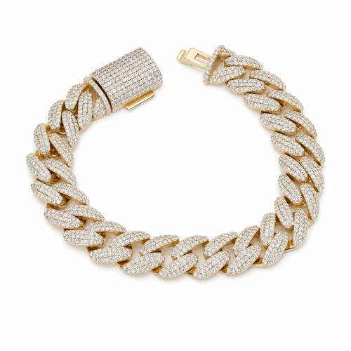 14mm Iced Moissanite Miami Cuban Link Bracelet in 18K Gold Vermeil Silver, 8.5in, 16ct