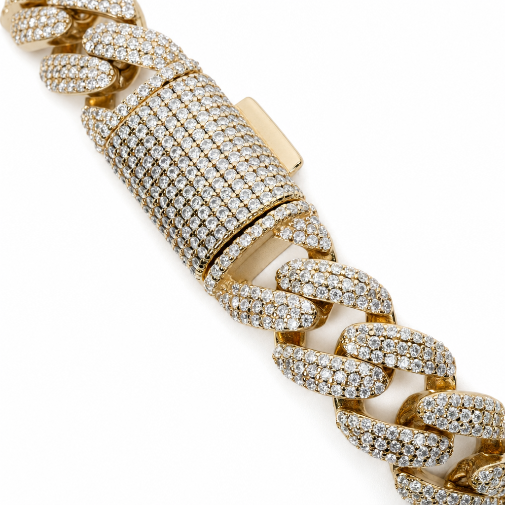 14mm Iced Moissanite Miami Cuban Link Bracelet in 18K Gold Vermeil Silver, 8.5in, 16ct (4)