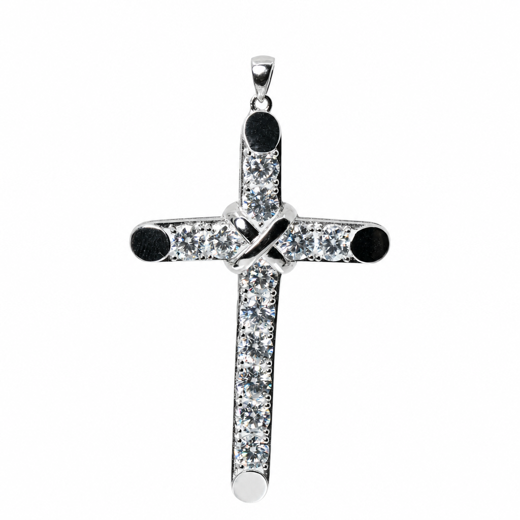 Silver Moissanite Cross Pendant with Knot Center