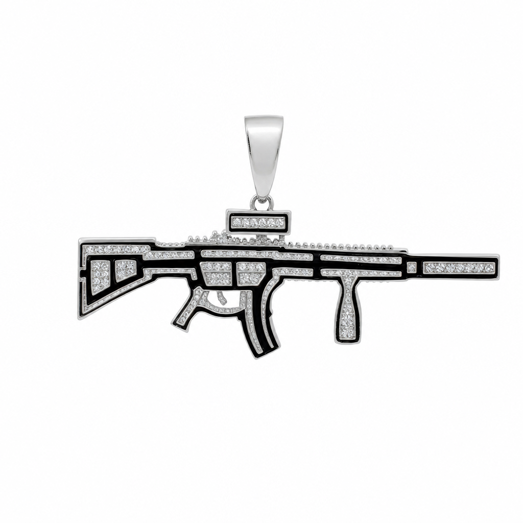 Iced-Out AR-Style Rifle Pendant in Silver with Moissanite (2)