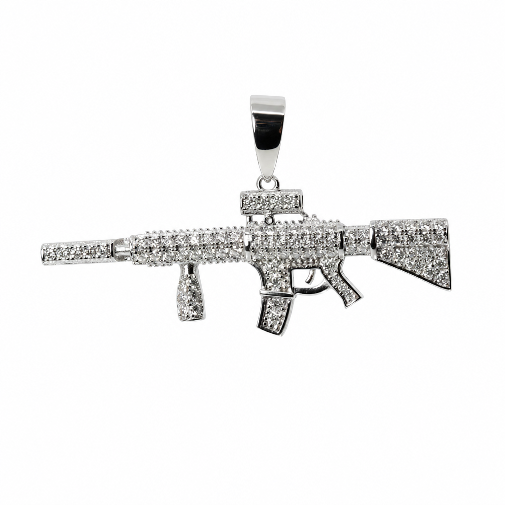 Iced-Out AR-Style Rifle Pendant in Silver with Moissanite