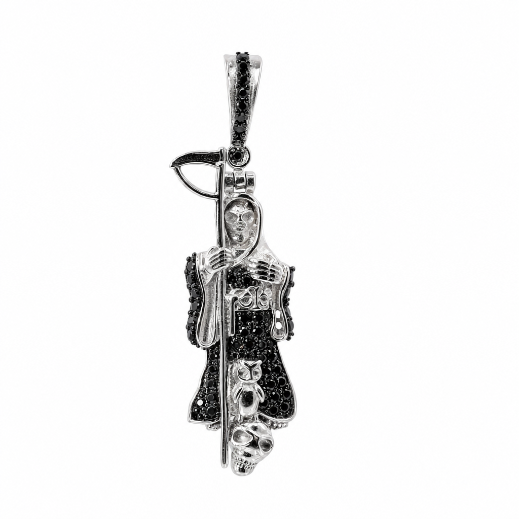 Sterling Silver 925 Grim Reaper Figure Moissanite Pendant with Black Accents 1ct