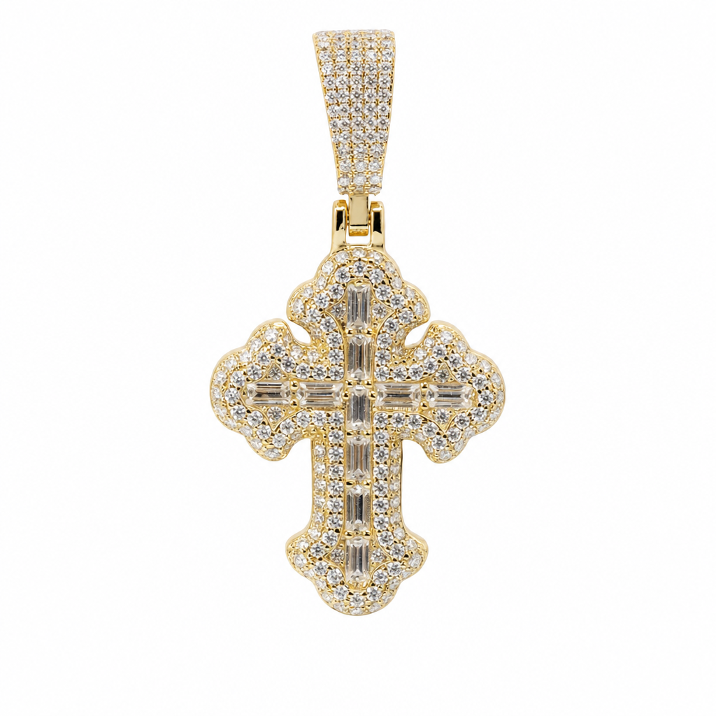 14K Gold Over Silver Pave Moissanite Baguette Cross Pendant 3.00ct (4)