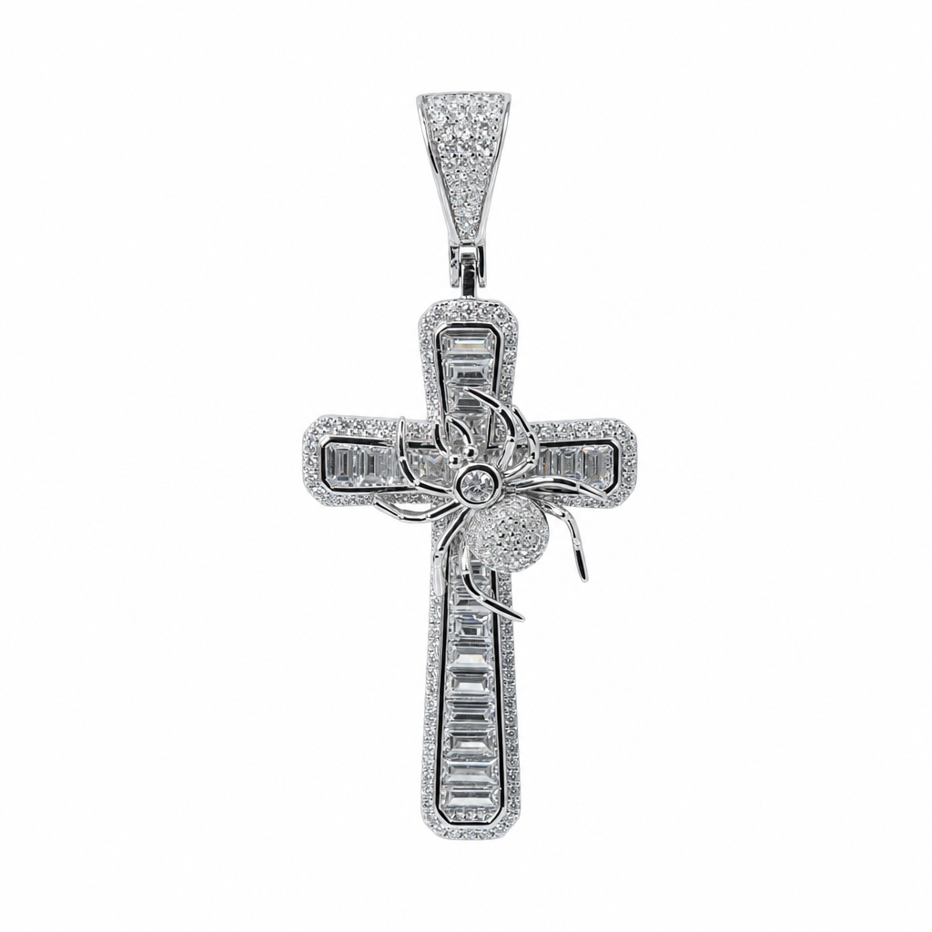 Men's 925 Sterling Silver CZ Cross Pendant with 3D Spider Accent