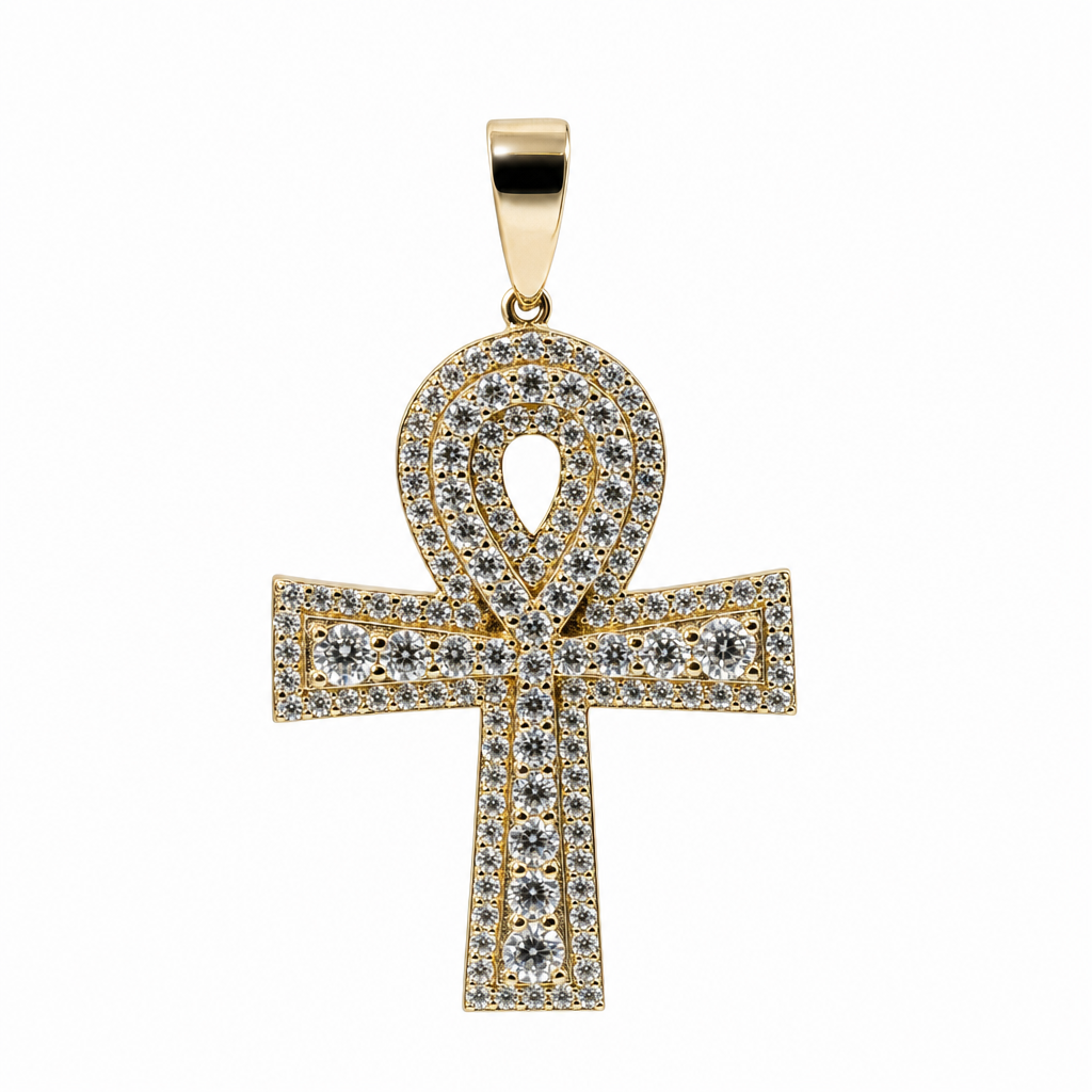 14K Gold Over Silver Iced Out Moissanite Ankh Cross Pendant 2.00ct