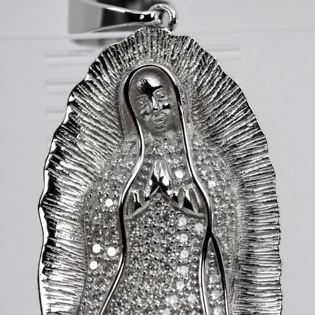 Silver Virgin Mary Guadalupe Pave Moissanite Pendant (2)