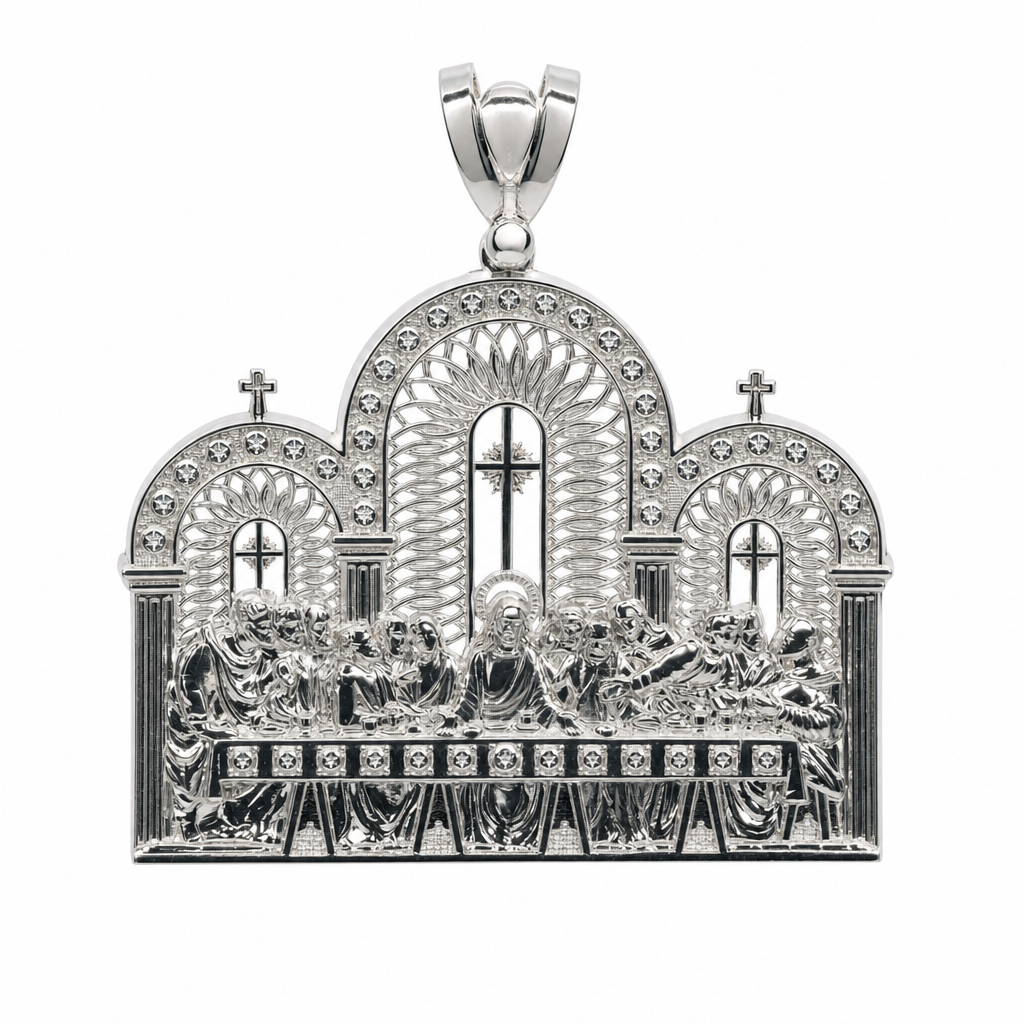 Large 925 Sterling Silver Ornate Last Supper Religious Panel Pendant 40.44g