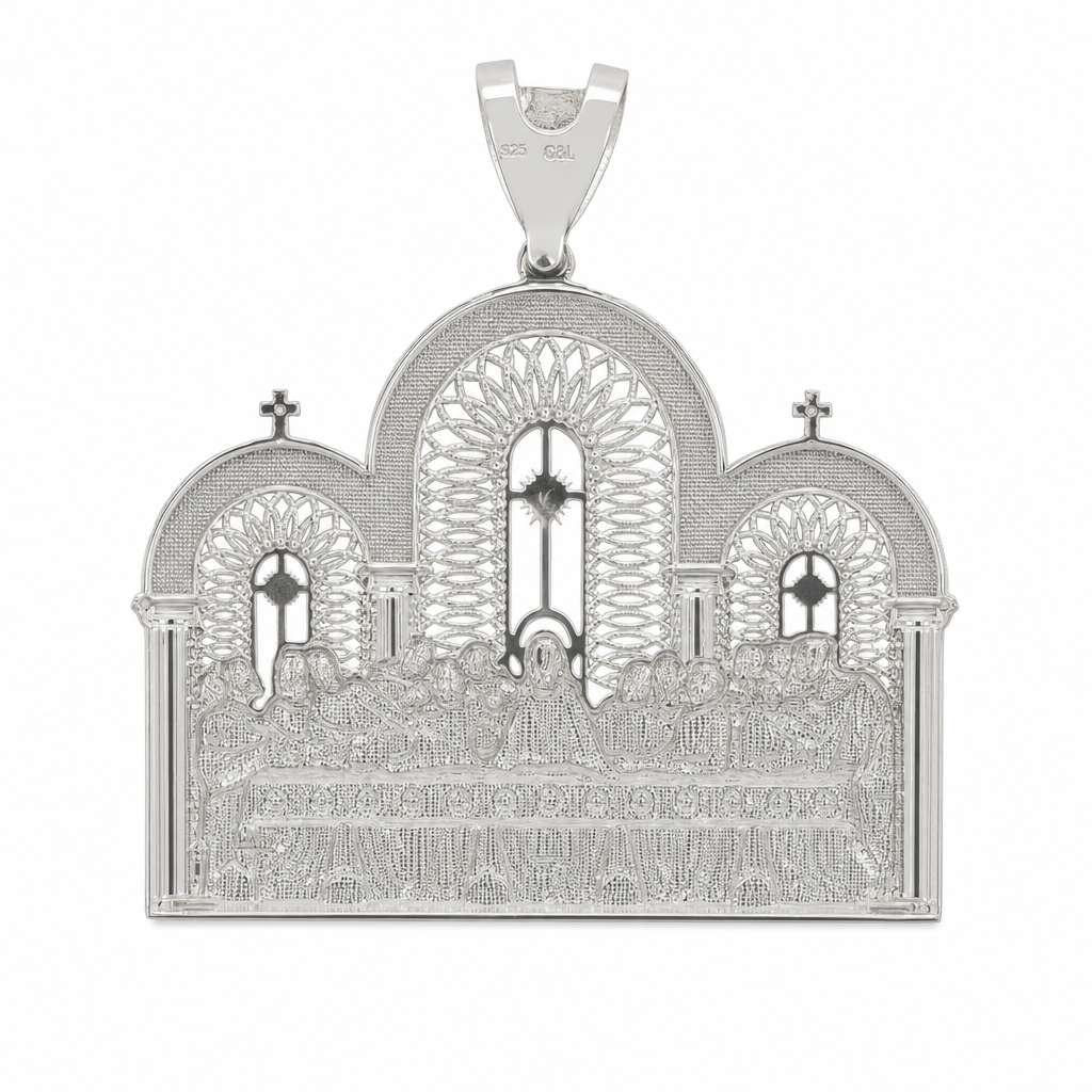 Large 925 Sterling Silver Ornate Last Supper Religious Panel Pendant 40.44g (2)