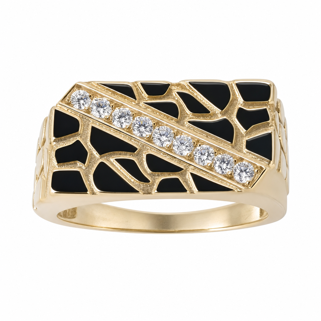 Men's Nugget 14K Yellow Gold Over Silver Ring with Diagonal Channel moissanite