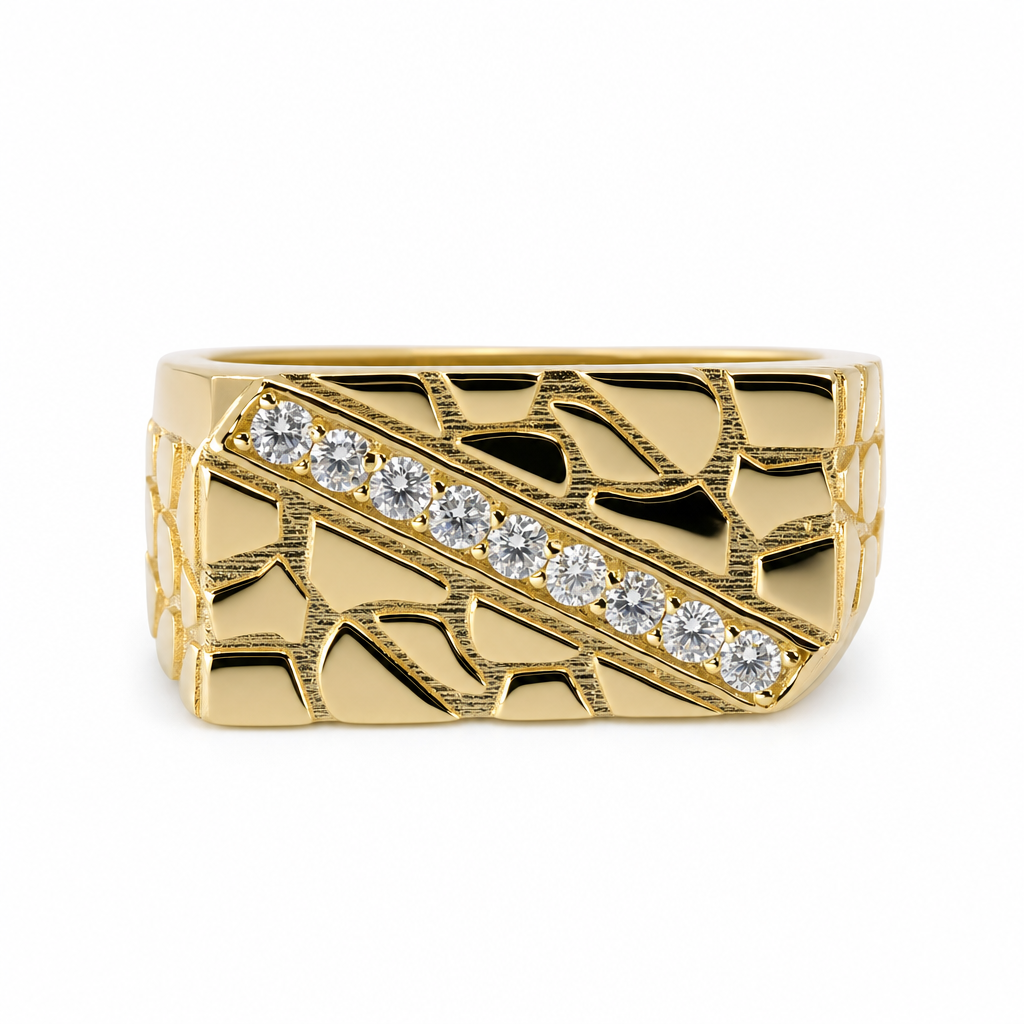 Men's Nugget 14K Yellow Gold Over Silver Ring with Diagonal Channel moissanite (5)