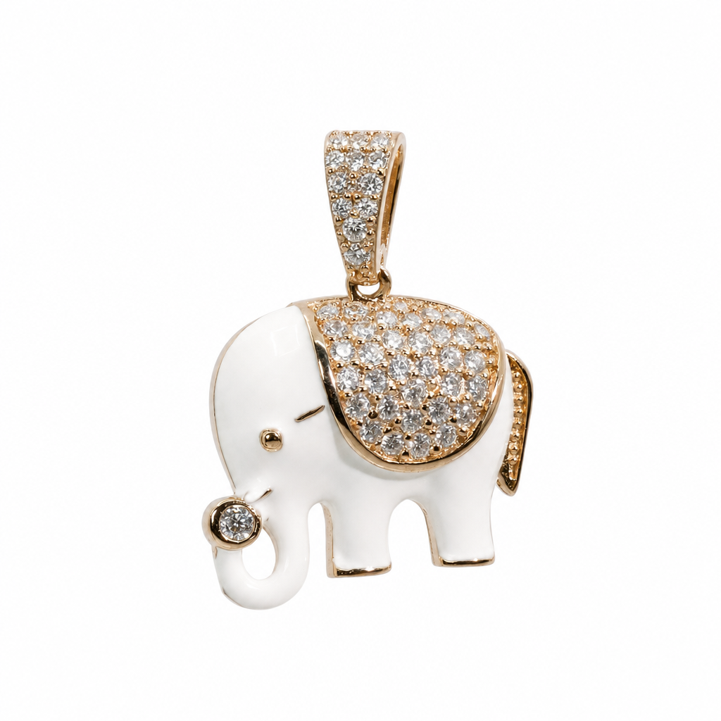 White Enamel Elephant Pendant in 925 Silver with Moissanite Accents, 1.0ct