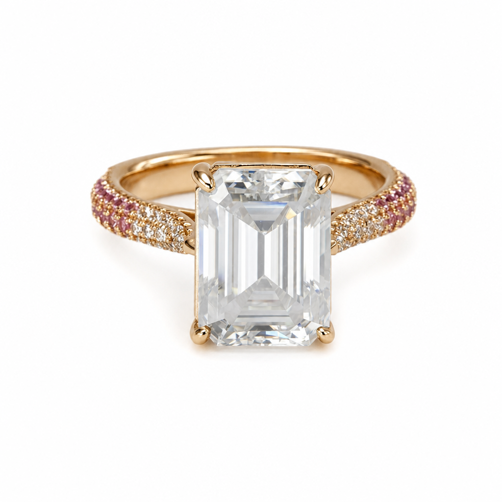Emerald-Cut moissanite Cocktail Ring with Pink Pavé in Rose Gold Tone (2)