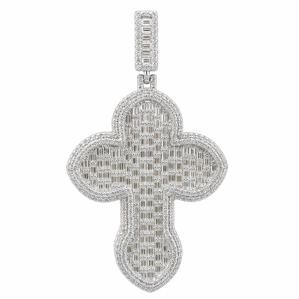 Ornate Baguette Moissanite Cross Pendant in Rhodium-Plated 925 Silver 15ct