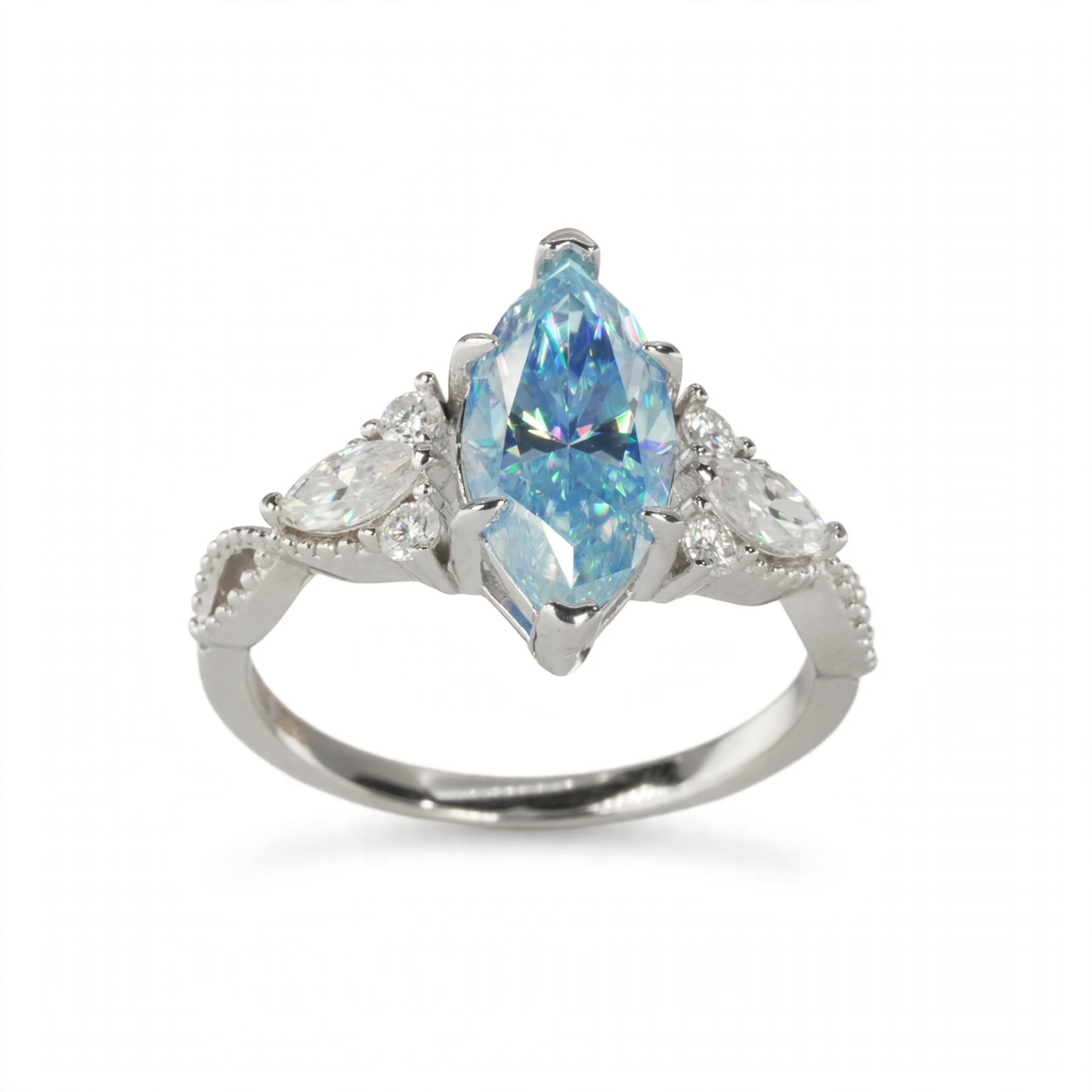 Marquise Blue Moissanite Cluster Ring in Rhodium-Plated 925 Sterling Silver (3)