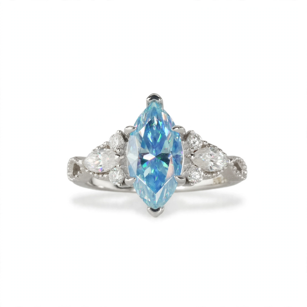 Marquise Blue Moissanite Cluster Ring in Rhodium-Plated 925 Sterling Silver