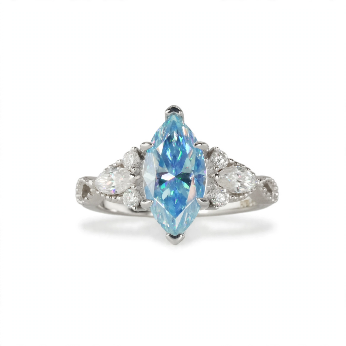 Marquise Blue Moissanite Cluster Ring in Rhodium-Plated 925 Sterling Silver