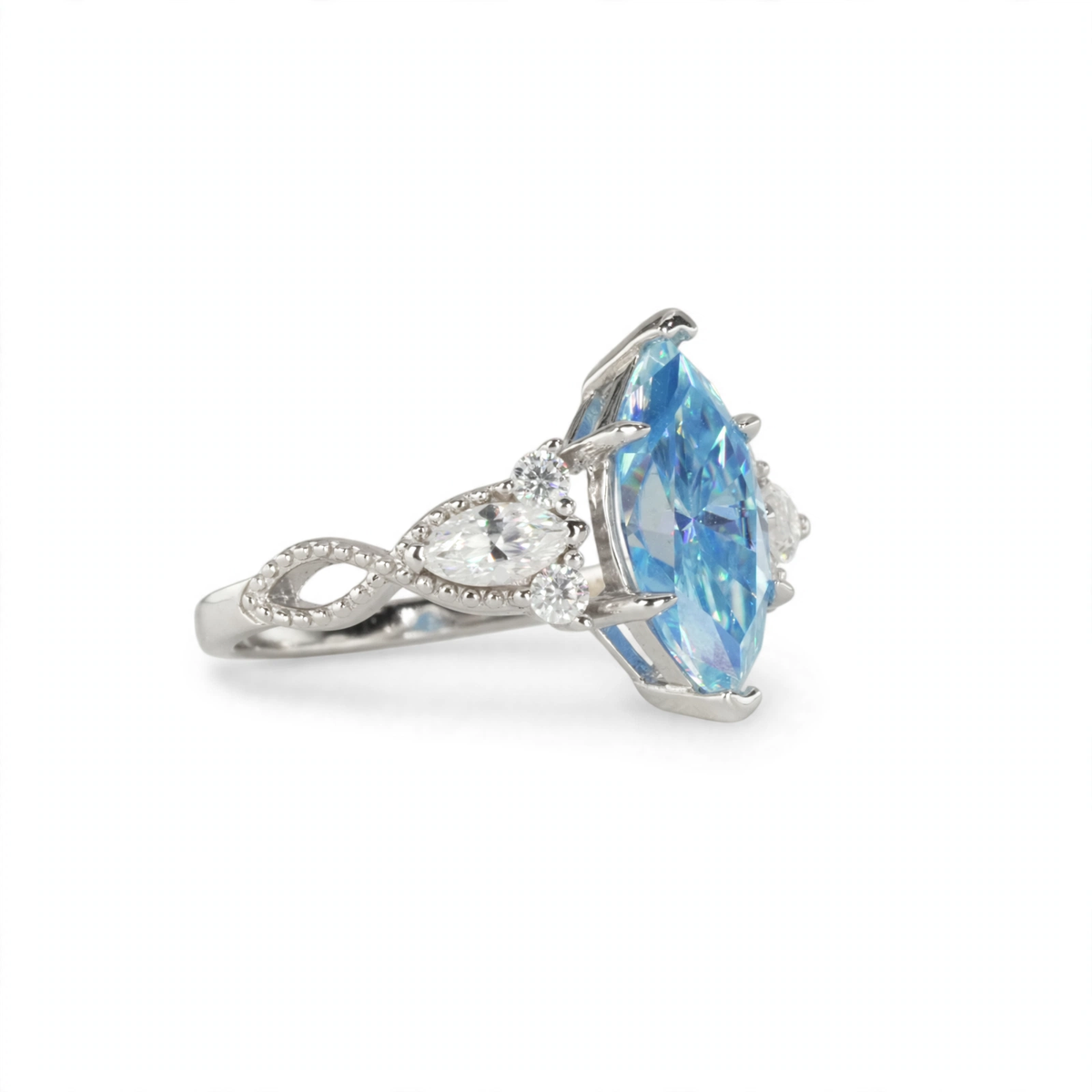 Marquise Blue Moissanite Cluster Ring in Rhodium-Plated 925 Sterling Silver (4)