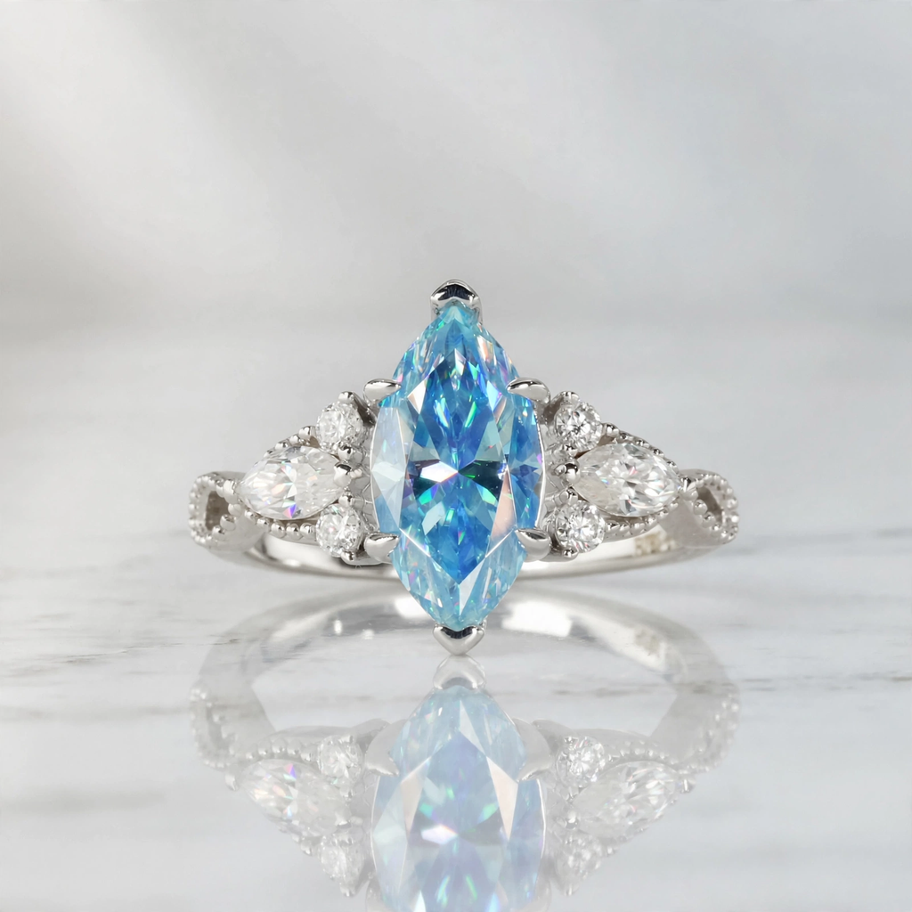 Marquise Blue Moissanite Cluster Ring in Rhodium-Plated 925 Sterling Silver (5)
