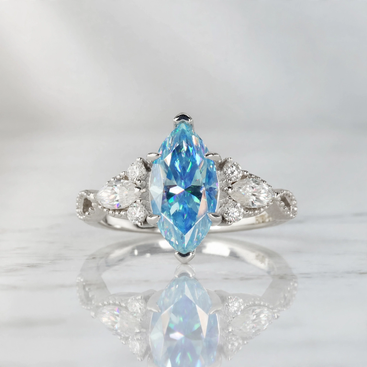 Marquise Blue Moissanite Cluster Ring in Rhodium-Plated 925 Sterling Silver (5)