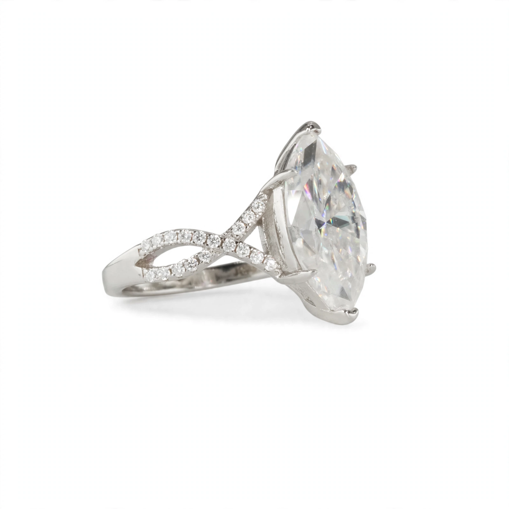 6 Carat Marquise Cut Moissanite Solitaire Ring in 925 Sterling Silver with Pavé Accents (3)