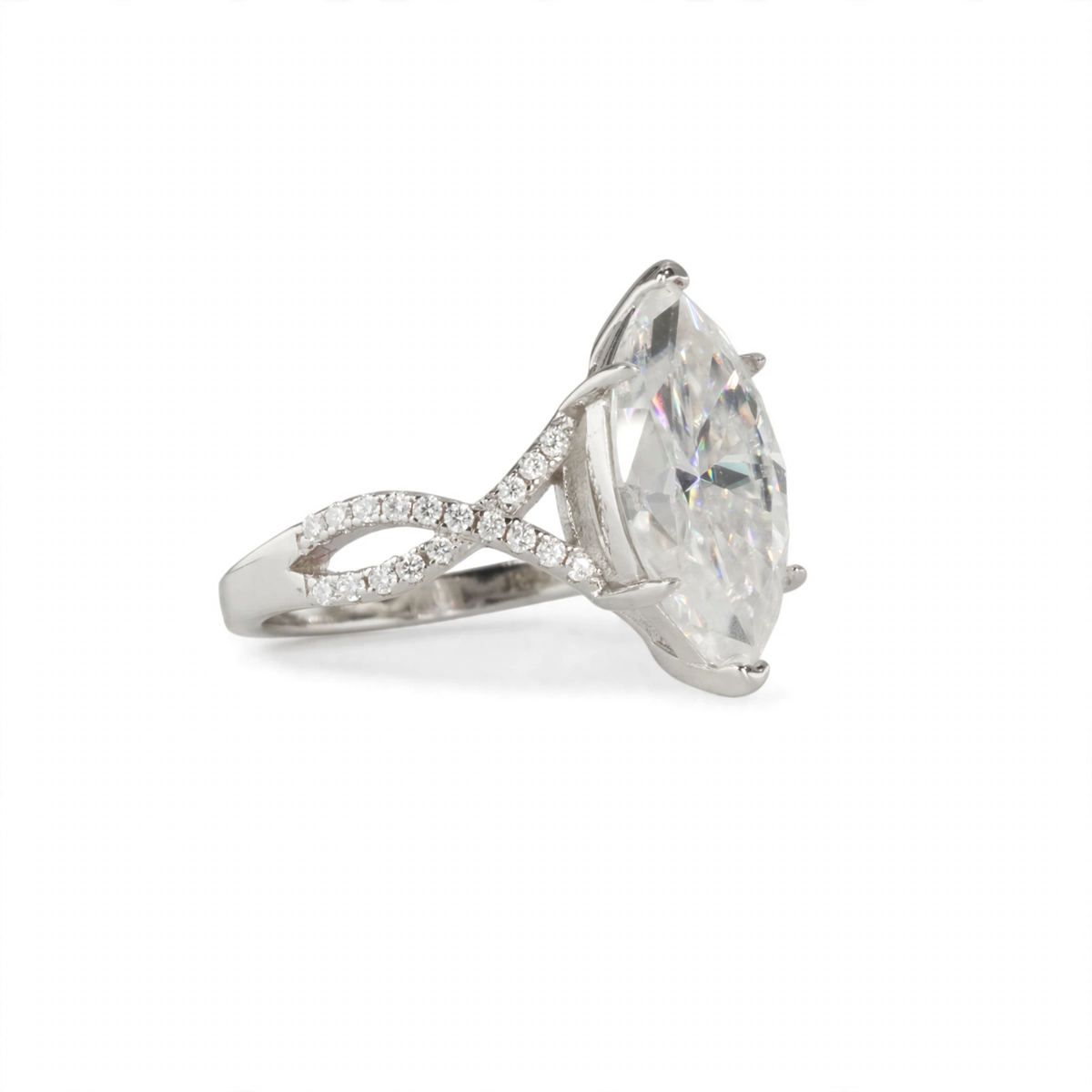 6 Carat Marquise Cut Moissanite Solitaire Ring in 925 Sterling Silver with Pavé Accents (3)