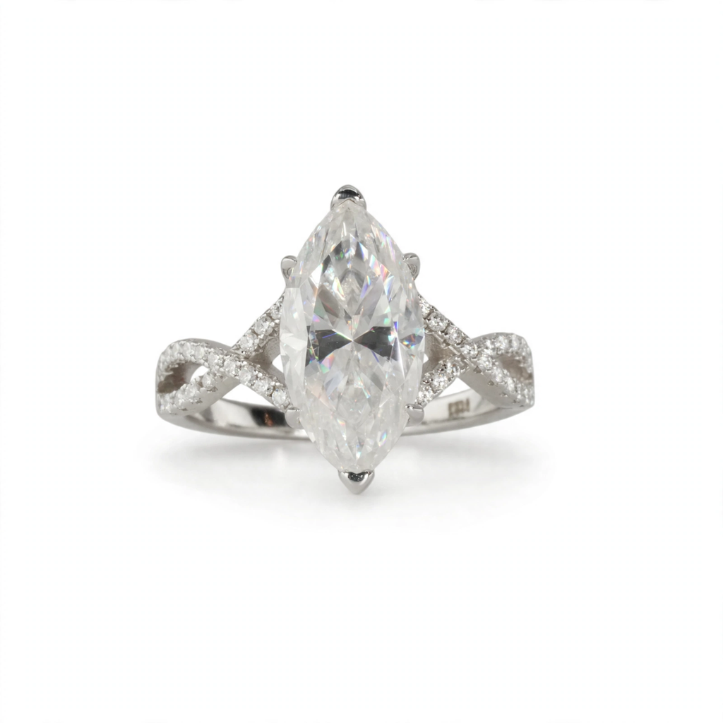 6 Carat Marquise Cut Moissanite Solitaire Ring in 925 Sterling Silver with Pavé Accents