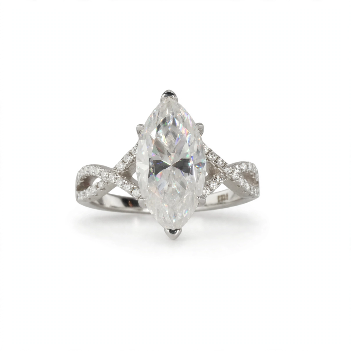 6 Carat Marquise Cut Moissanite Solitaire Ring in 925 Sterling Silver with Pavé Accents