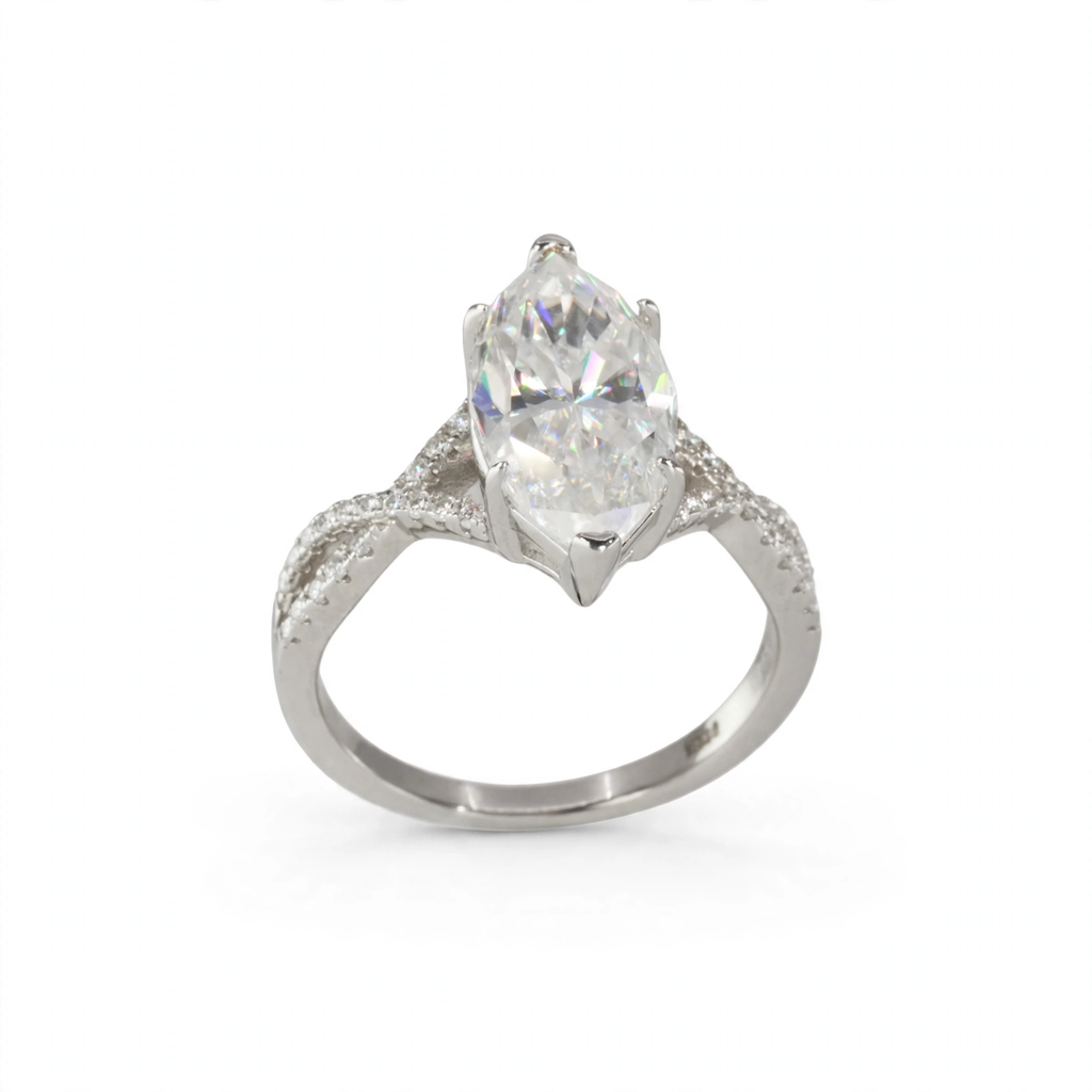 6 Carat Marquise Cut Moissanite Solitaire Ring in 925 Sterling Silver with Pavé Accents (4)