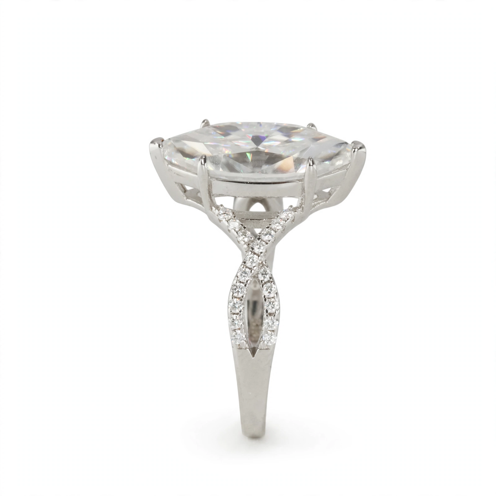 6 Carat Marquise Cut Moissanite Solitaire Ring in 925 Sterling Silver with Pavé Accents (5)