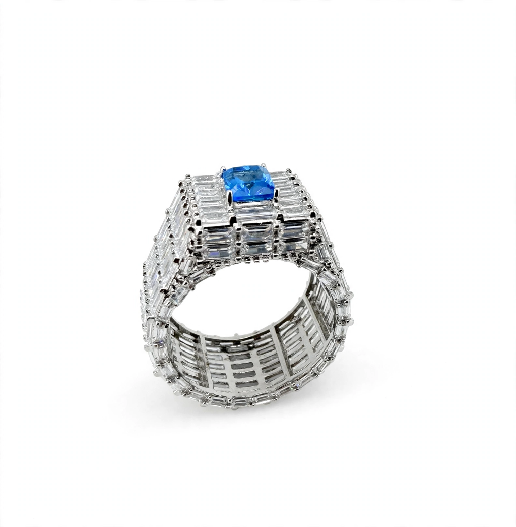 Wide Baguette Cubic Zirconia Statement Ring in 925 Sterling Silver with Large Blue Center Stone Size 12.5 (3)