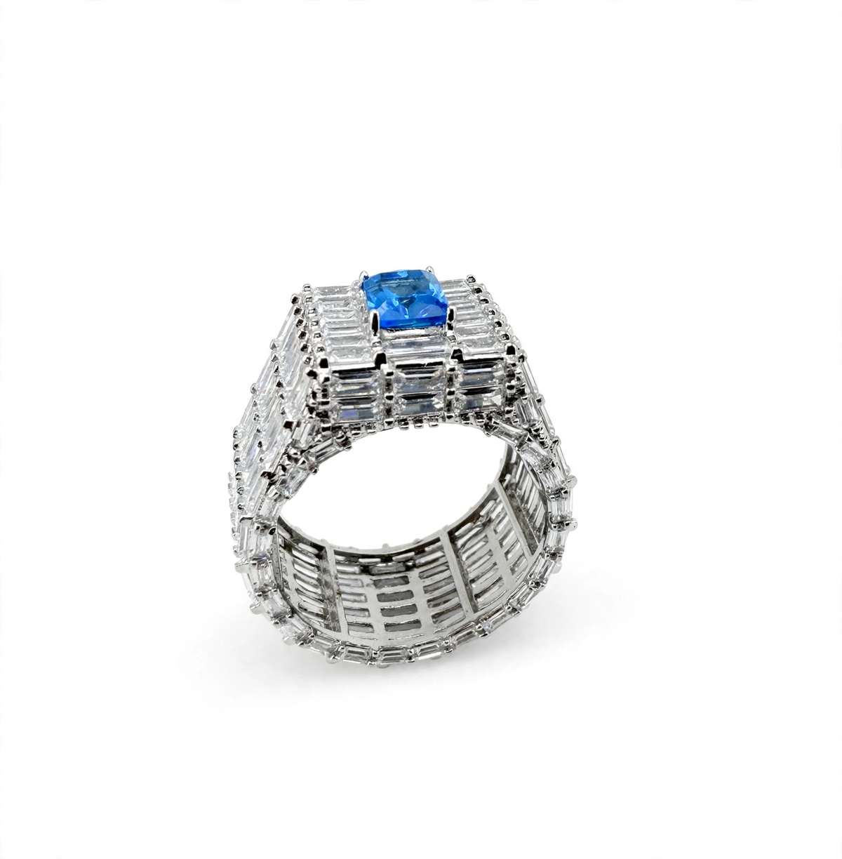 Wide Baguette Cubic Zirconia Statement Ring in 925 Sterling Silver with Large Blue Center Stone Size 12.5 (3)