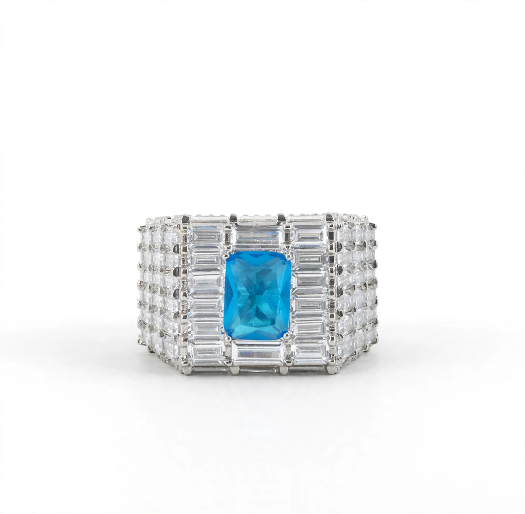 Wide Baguette Cubic Zirconia Statement Ring in 925 Sterling Silver with Large Blue Center Stone Size 12.5