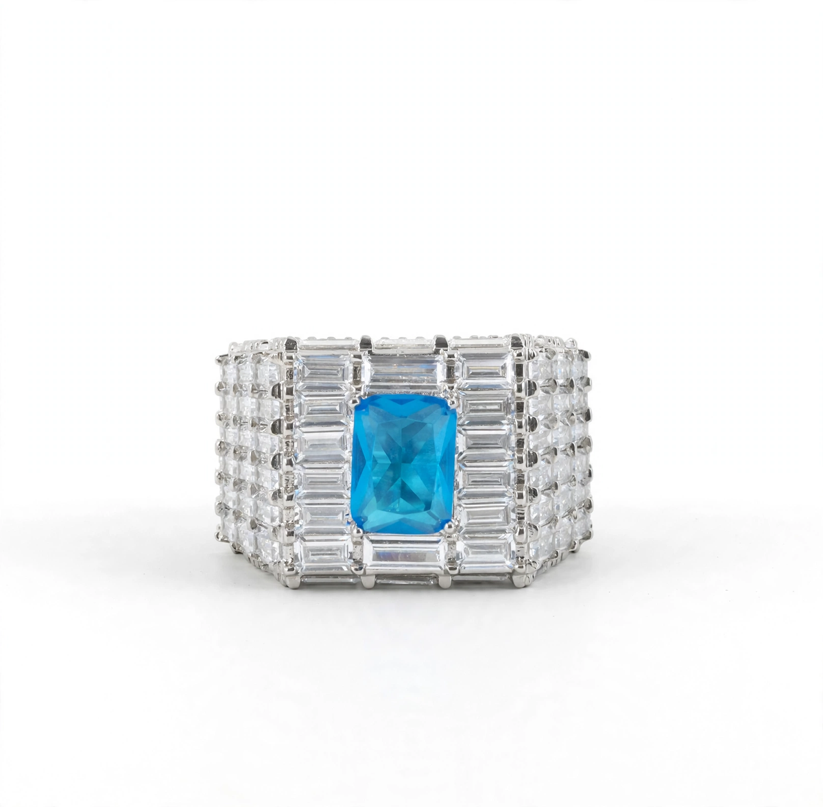 Wide Baguette Cubic Zirconia Statement Ring in 925 Sterling Silver with Large Blue Center Stone Size 12.5
